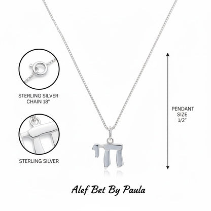 Sterling silver chai pendant necklace featuring Hebrew characters, bar mitzvah gift by Alef Bet