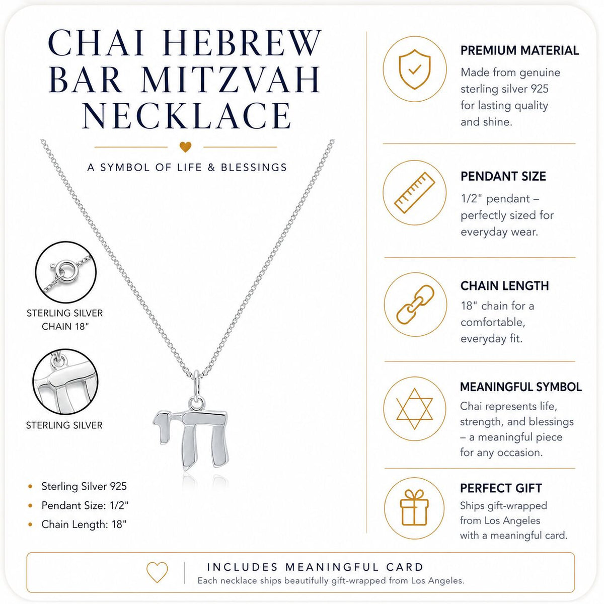 Jewish Chai Pendant Necklace in Sterling Silver 925, the Bar Mitzvah gift he will reach for again and again