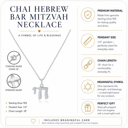 Jewish Chai Pendant Necklace in Sterling Silver 925, the Bar Mitzvah gift he will reach for again and again