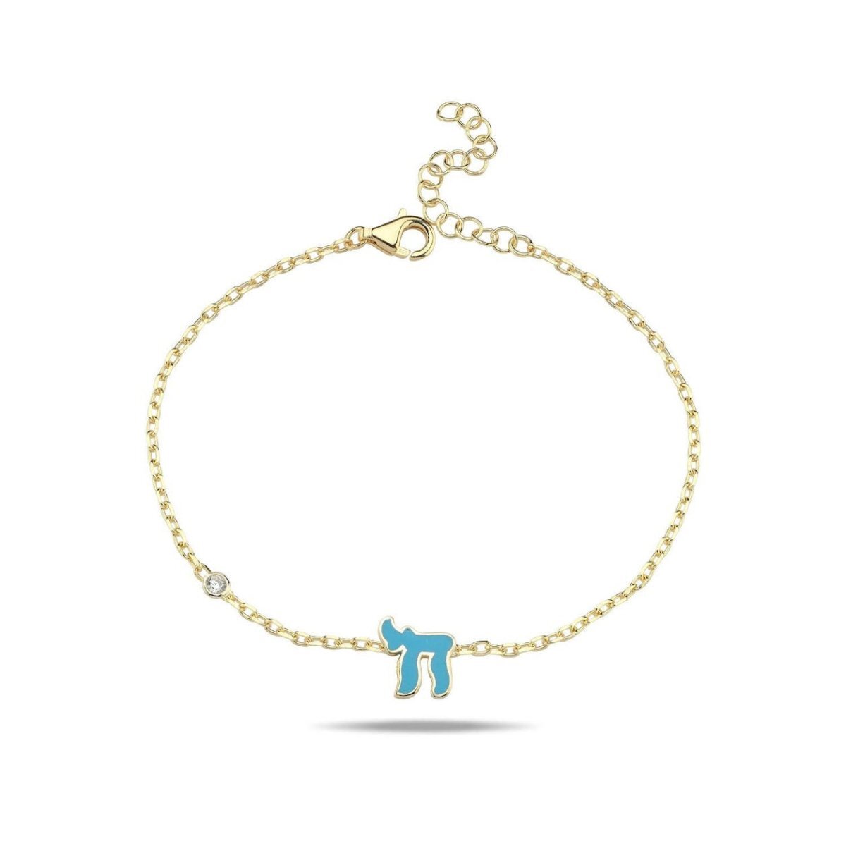 Chai Hebrew bracelet in sterling silver or 14k gold with cubic zircon gemstones in pink or blue, symbolizing life and faith.
