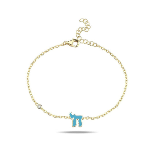 Chai Hebrew bracelet in sterling silver or 14k gold with cubic zircon gemstones in pink or blue, symbolizing life and faith.