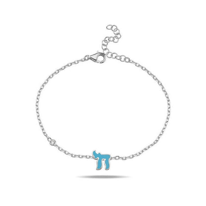 A stylish Hebrew Chai bracelet in sterling silver or gold, featuring a cubic zircon gemstone in pink or blue, symbolizing life.