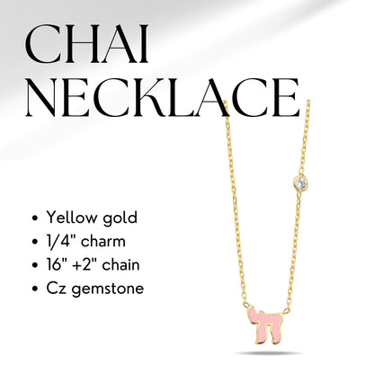 A stunning Chai Hebrew necklace featuring a cubic zircon gemstone in pink or blue, available in sterling silver or gold plating.