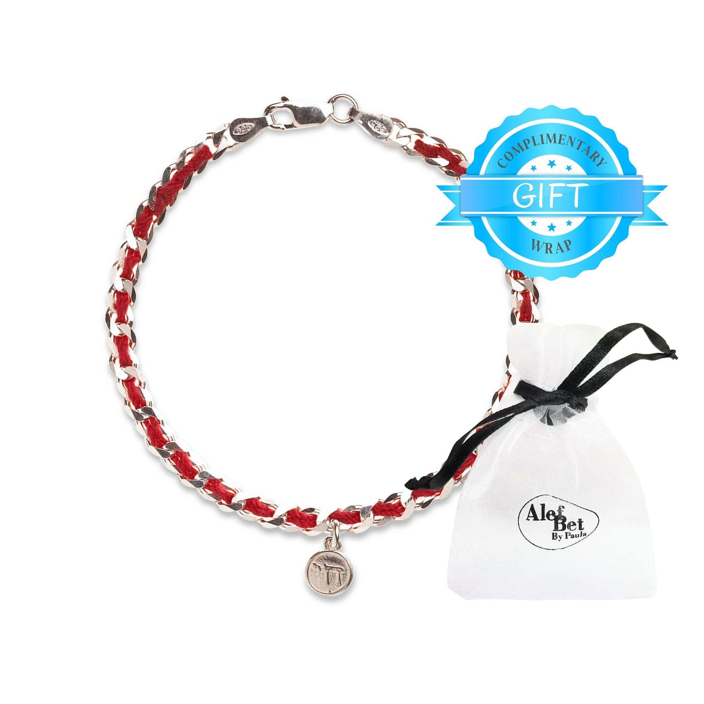 A sterling silver Chai charm on a red string bracelet symbolizes life, luck, and protection; includes a description card.