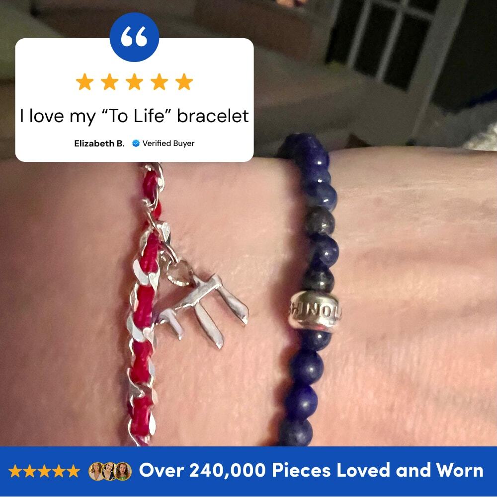 Red string protection bracelet featuring a sterling silver Chai pendant, symbolizing life and blessings with a description card.