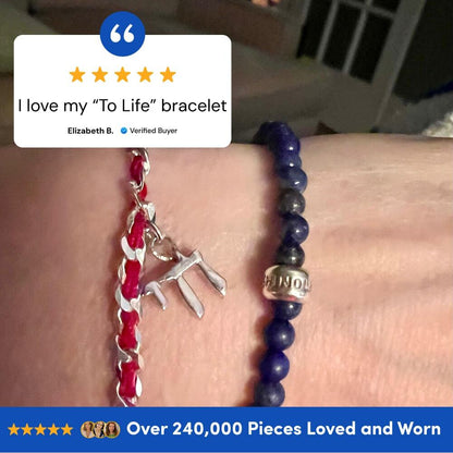 Red string protection bracelet featuring a sterling silver Chai pendant, symbolizing life and blessings with a description card.