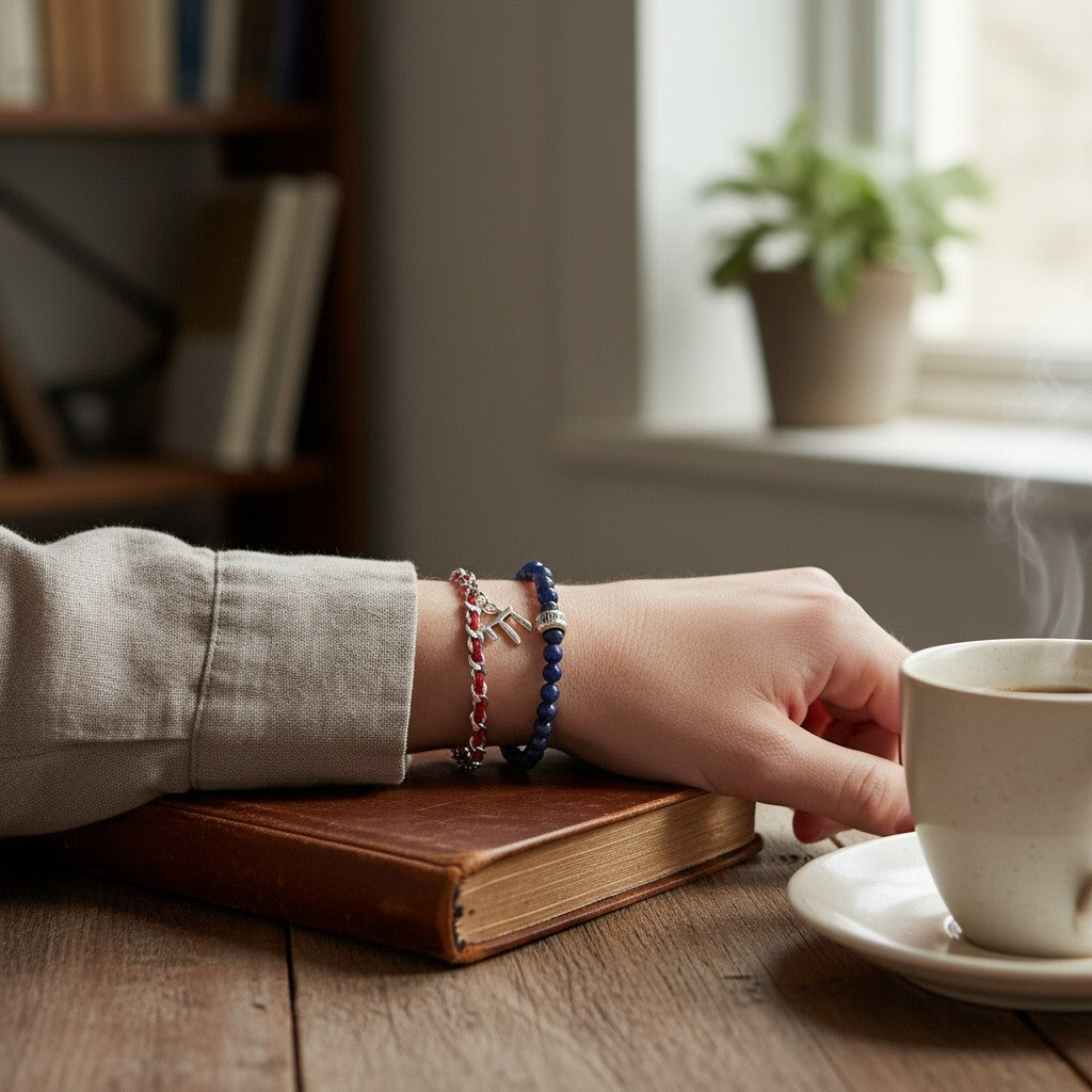 Red string protection bracelet with sterling silver Chai pendant, includes description card, ideal gift for loved ones.