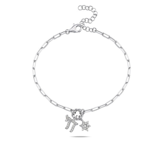 Chai & Jewish Star Cluster Bracelet: Yellow Gold Plated or Sterling Silver with Sparkling CZ Gems
