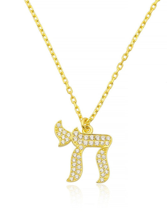 Chai Necklace in 14k Gold Plated Sterling Silver 925 with Pavé CZ