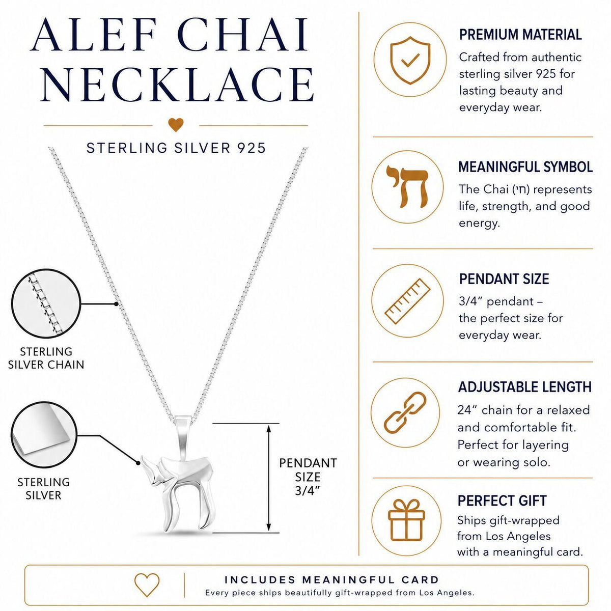 Sterling silver chai necklace in Hebrew with box chain by Alef Bet