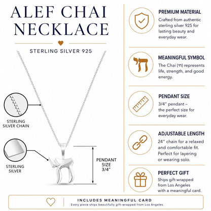 Sterling silver chai necklace in Hebrew with box chain by Alef Bet