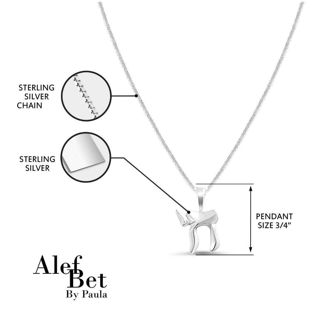 Sterling silver chai necklace in Hebrew, measuring 3/4", on a box chain, perfect for Bar/Bat mitzvah gifts and daily wear.