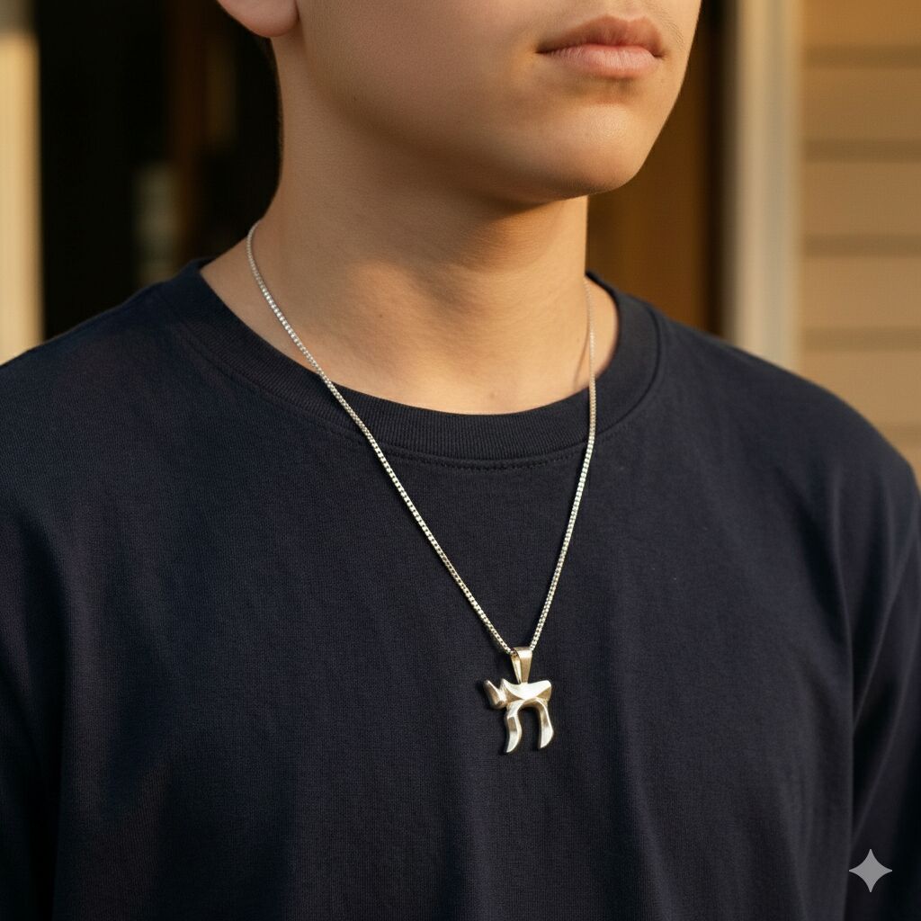 Chai silver necklace in Hebrew, made of 925 sterling silver; a meaningful gift for bar mitzvah celebrations symbolizing life and prosperity.