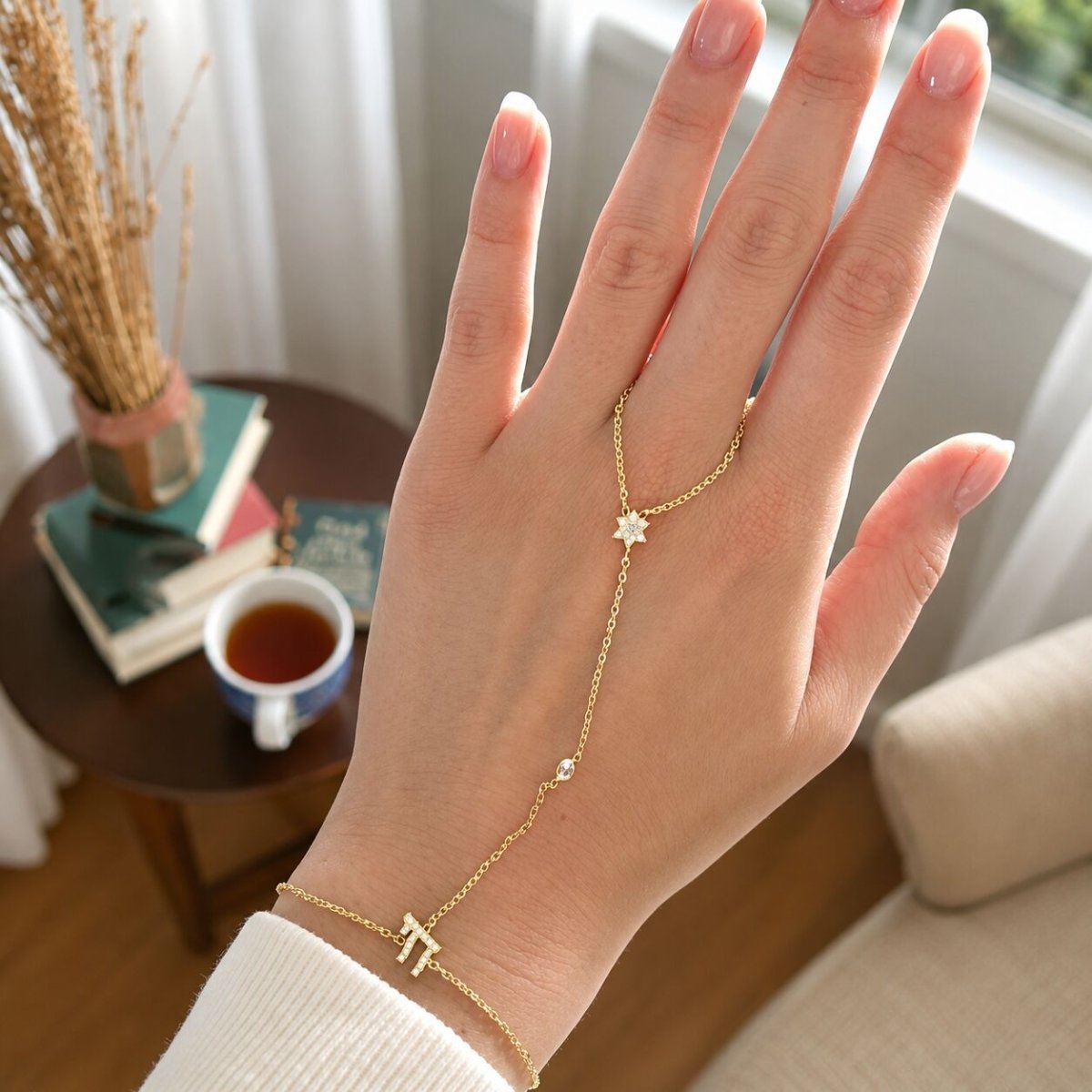 Chai Star of David Hand Chain Bracelet with Gemstones