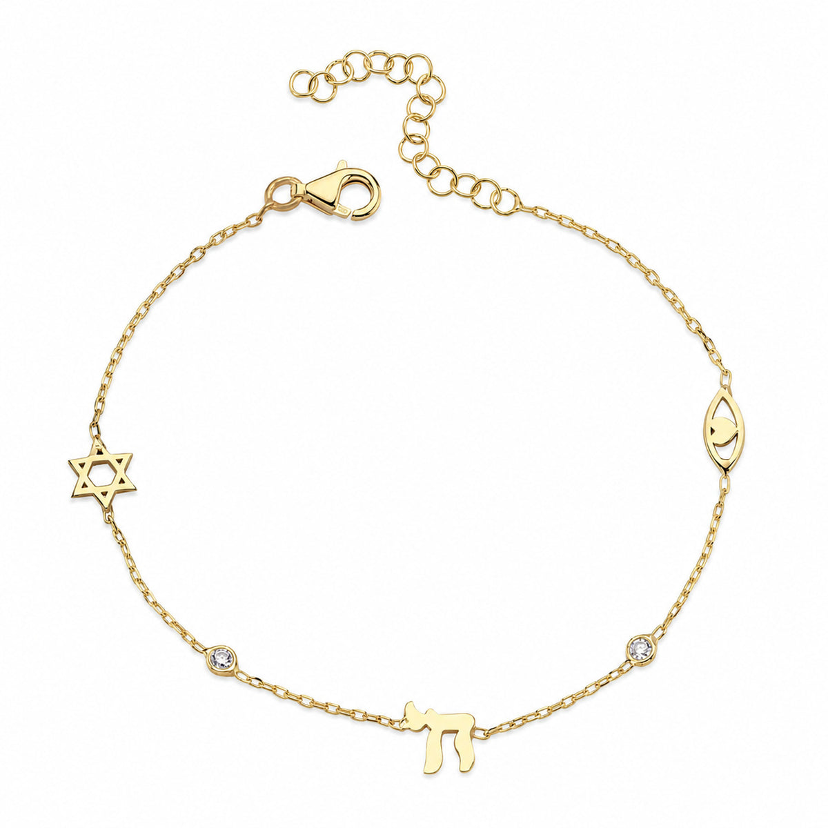 Gold charm bracelet with star, chai, evil eye and heart charms by Alef Bet