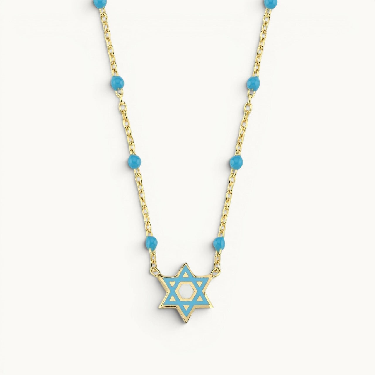 Enamel Star of David necklace in light blue with colorful beaded design by Alef Bet
