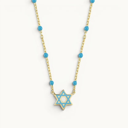 Enamel Star of David necklace in light blue with colorful beaded design by Alef Bet