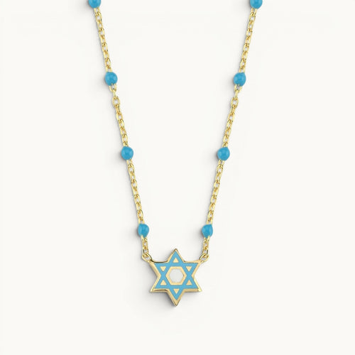 Enamel Star of David necklace in light blue with colorful beaded design by Alef Bet