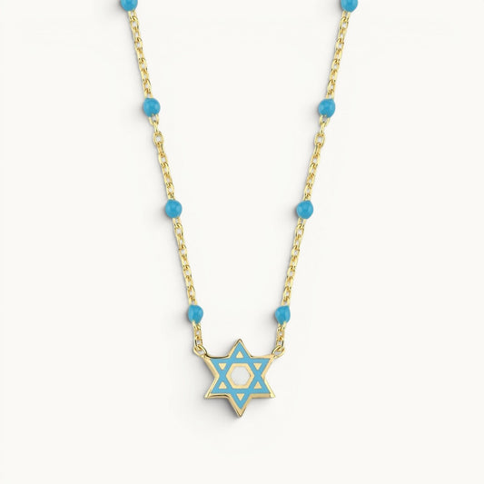 Enamel Star of David necklace in light blue with colorful beaded design by Alef Bet
