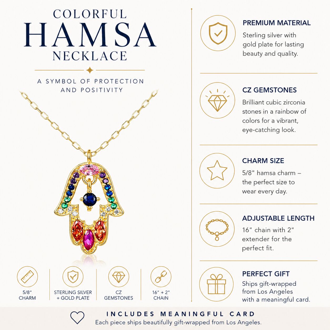 Protection hamsa charm in gold plate with rainbow CZ pave setting by Alef Bet