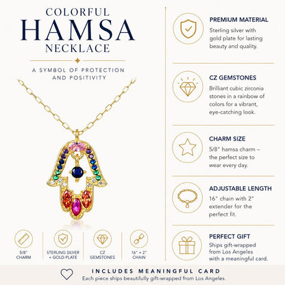 Protection hamsa charm in gold plate with rainbow CZ pave setting by Alef Bet