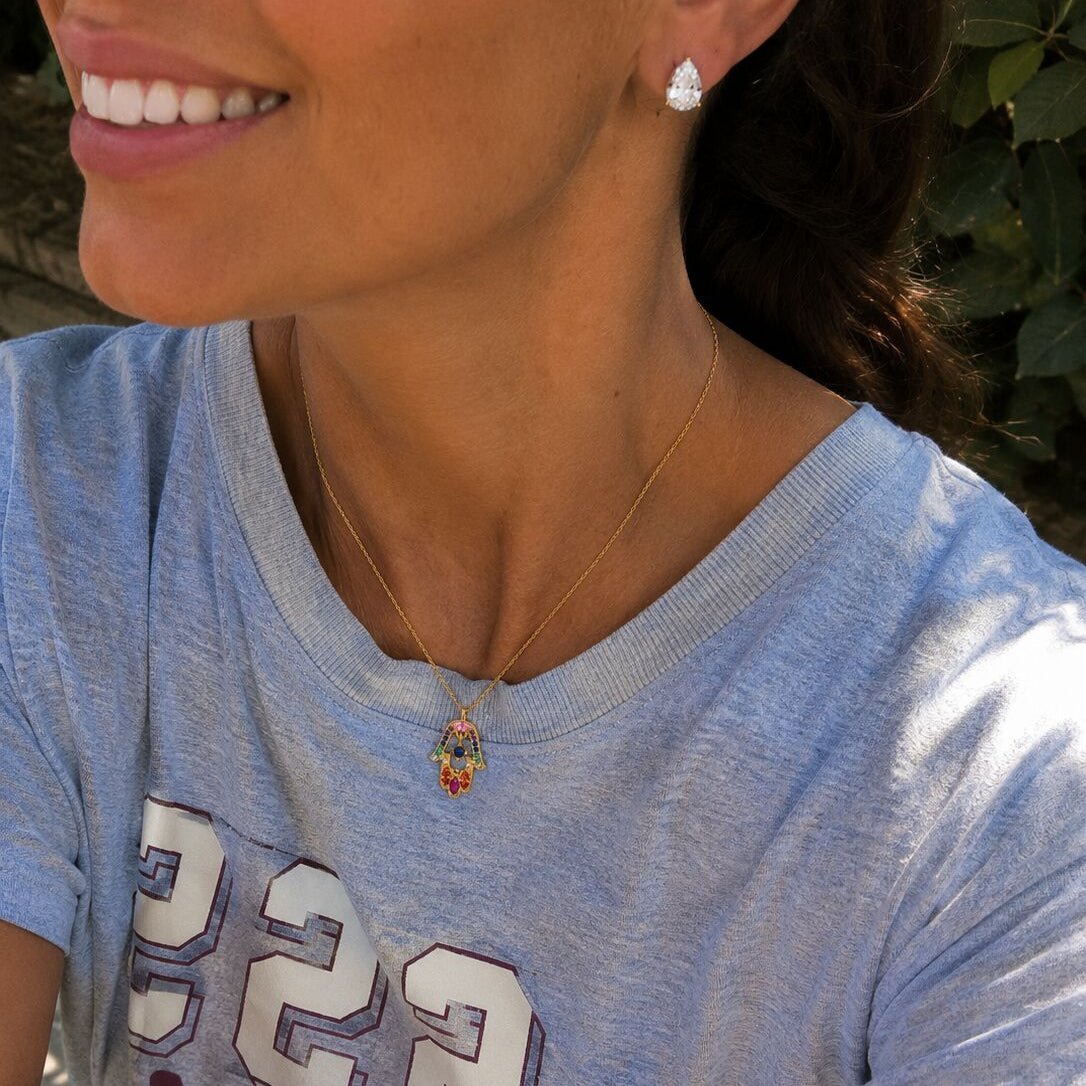Colorful CZ Hamsa Necklace in 14k Gold Plated Sterling Silver