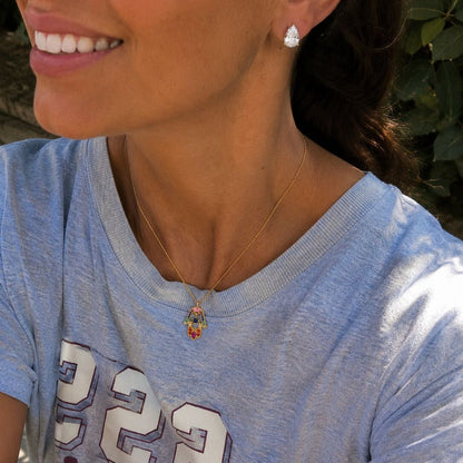 Colorful CZ Hamsa Necklace in 14k Gold Plated Sterling Silver