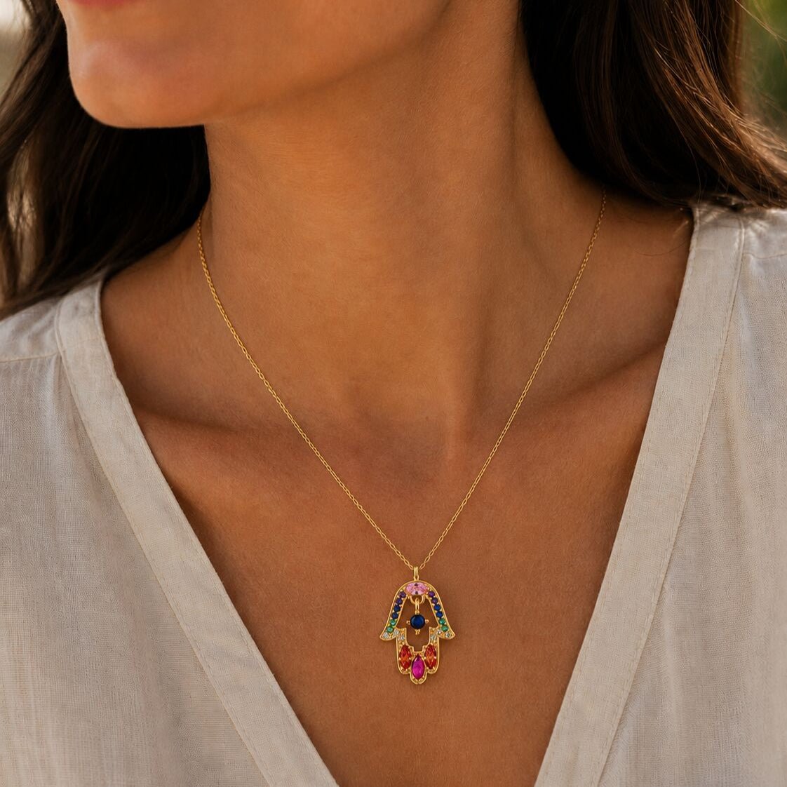 Colorful CZ Hamsa Necklace in 14k Gold Plated Sterling Silver