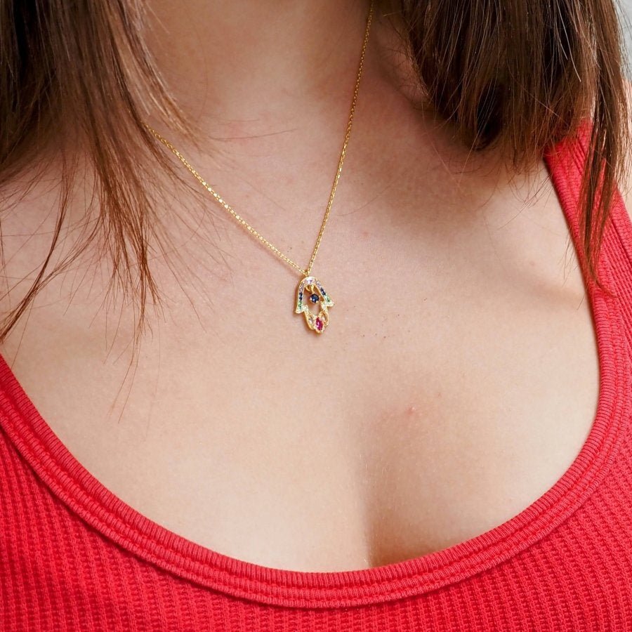 Colorful CZ Hamsa Necklace in 14k Gold Plated Sterling Silver
