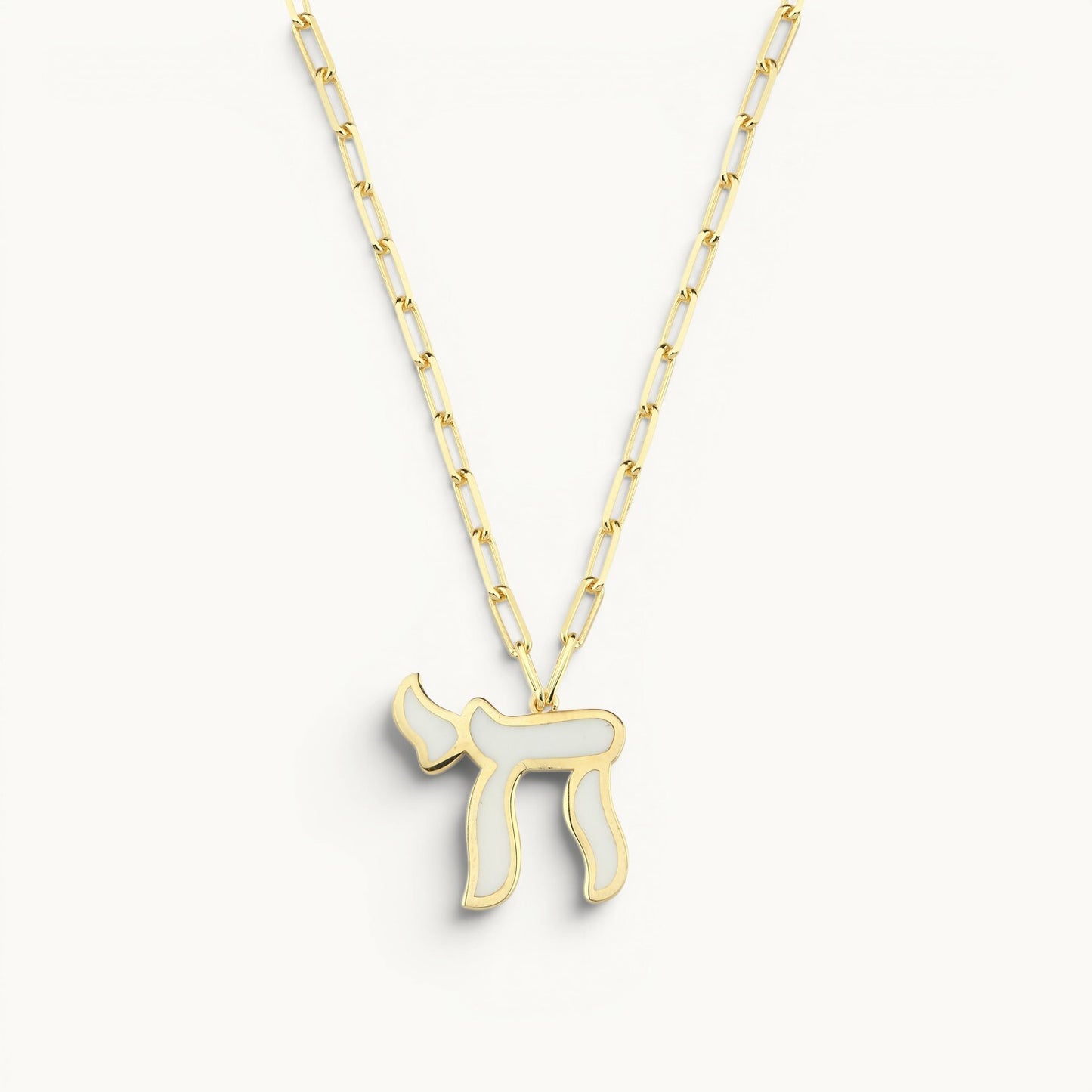 Colorful enamel chai pendant necklace with yellow gold plated paperclip chain by Alef Bet