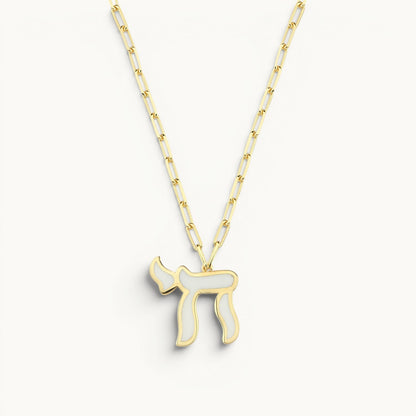 Colorful enamel chai pendant necklace with yellow gold plated paperclip chain by Alef Bet