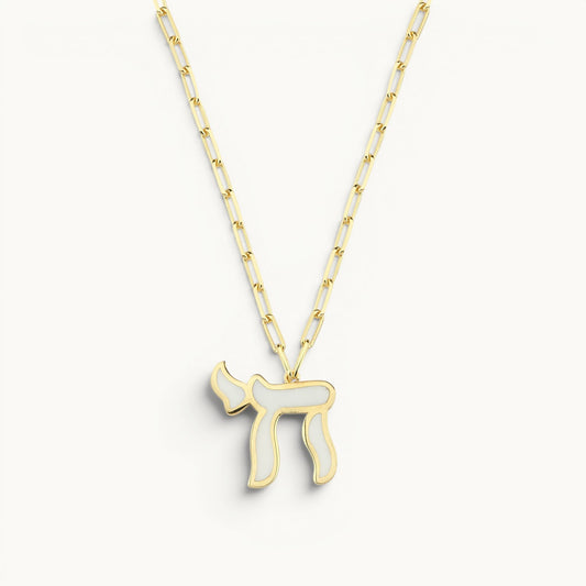 Colorful enamel chai pendant necklace with yellow gold plated paperclip chain by Alef Bet