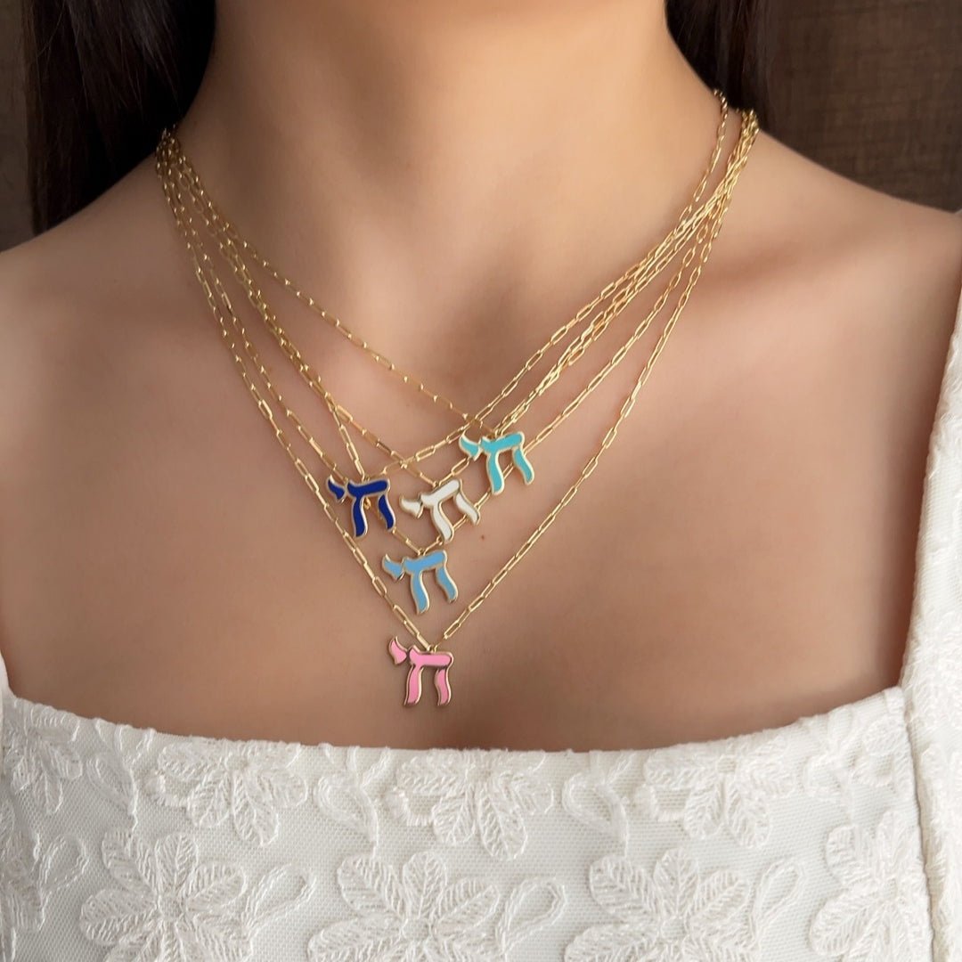Colorful Enamel Chai Necklace on Paperclip Chain