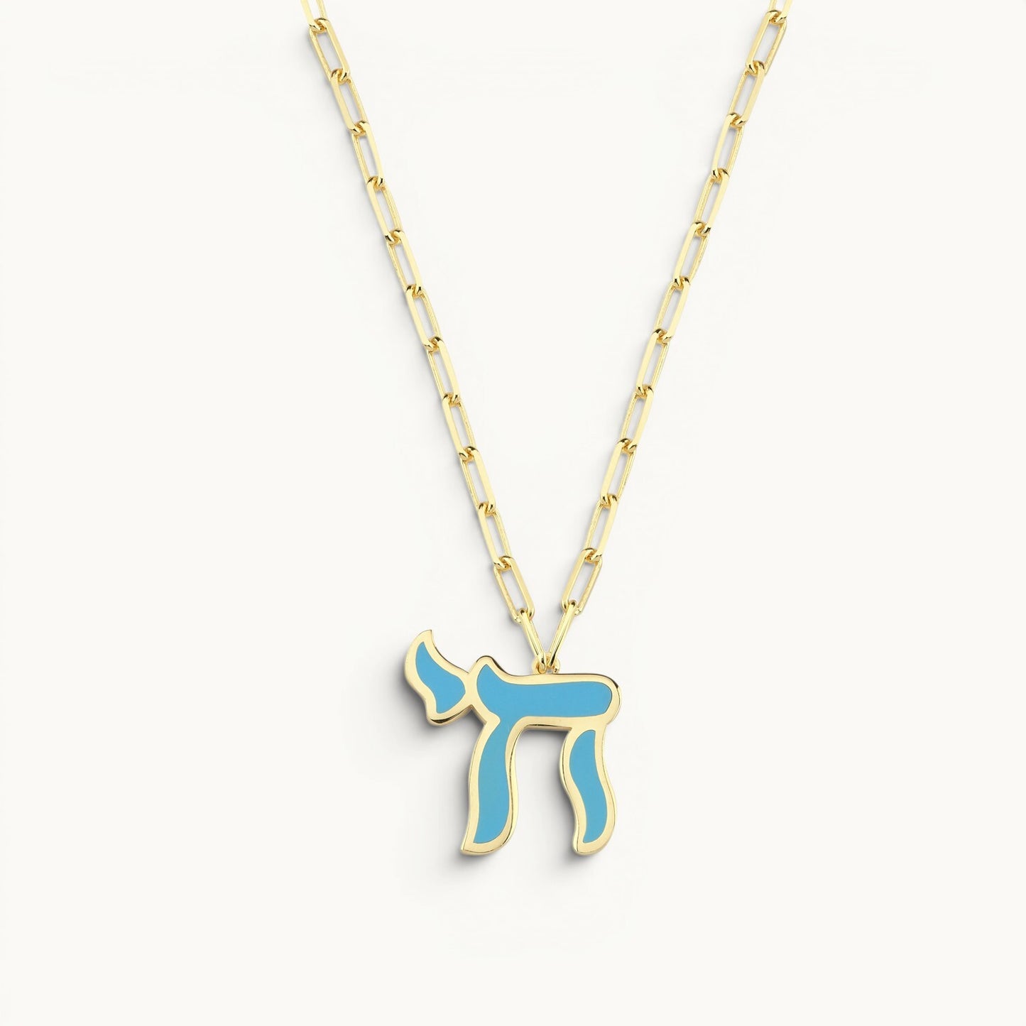 Chai necklace in yellow gold plated sterling silver with colorful enamel design by Alef Bet