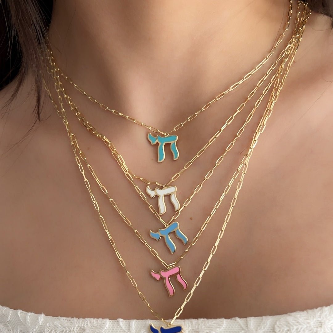 Colorful Enamel Chai Necklace on Paperclip Chain | Alef Bet