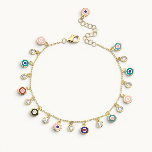Evil eye anklet in 14K yellow gold with colorful enamel protection amulet by Alef Bet