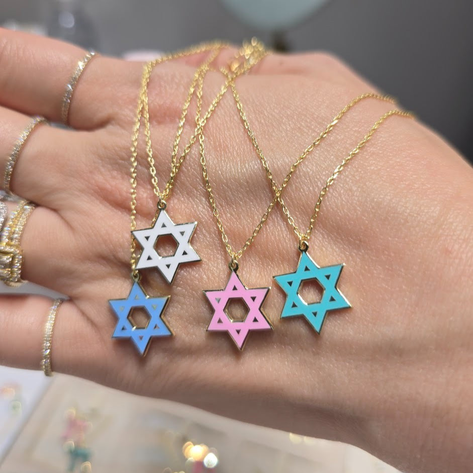 14K gold Jewish star necklace with hand-painted colorful enamel detailing by Alef Bet