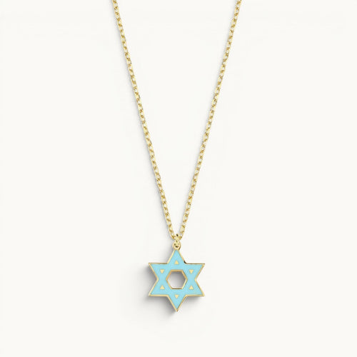 Star of David necklace in 14K gold with colorful enamel inlay by Alef Bet