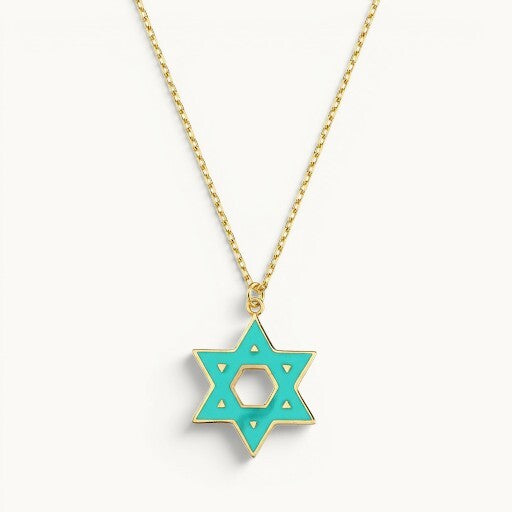 Star of David necklace in 14K gold with turquoise enamel colorblock design by Alef Bet