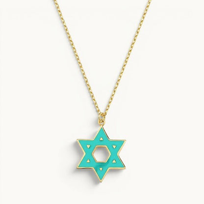 Star of David necklace in 14K gold with turquoise enamel colorblock design by Alef Bet
