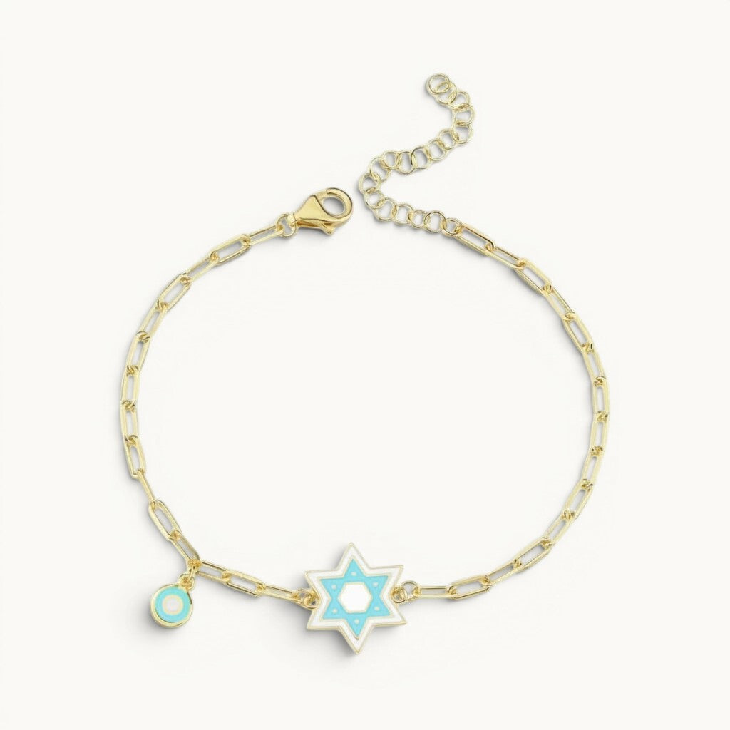 Star of David bracelet in yellow gold plated 925 silver with light blue enamel by Alef Bet