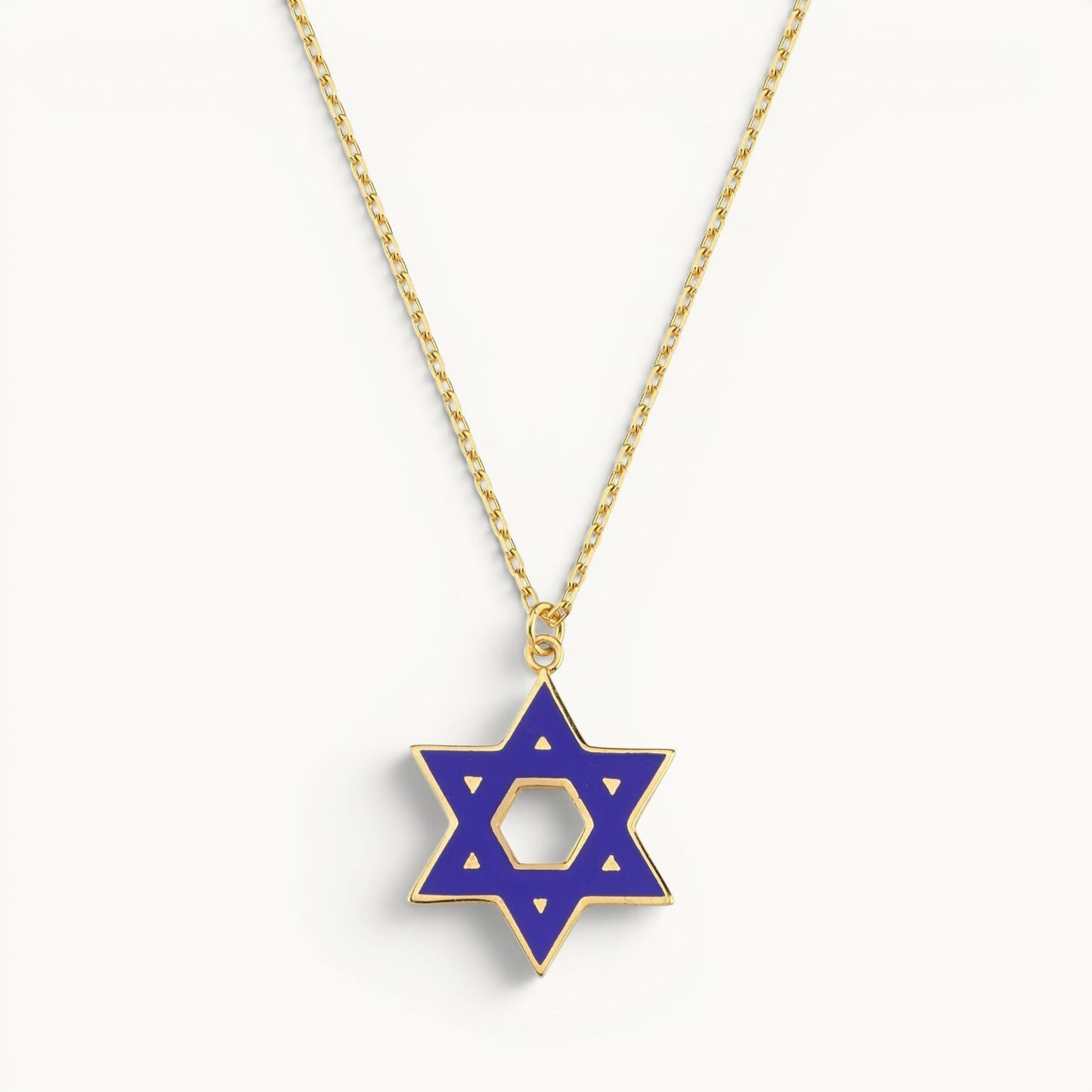 Star of David necklace in 14k gold with navy blue enamel and multicolor inlay by Alef Bet