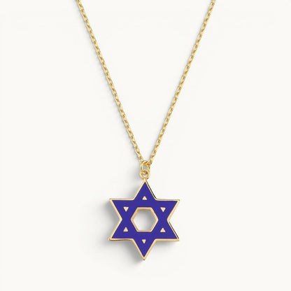 Star of David necklace in 14k gold with navy blue enamel and multicolor inlay by Alef Bet