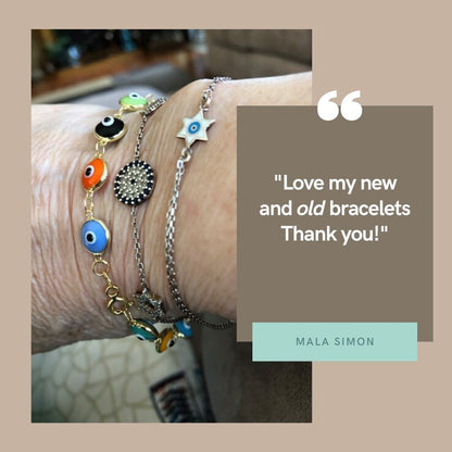 Colorful evil eye bracelets in gold or silver, featuring vibrant shades symbolizing luck and protection, adjustable for all wrist sizes.