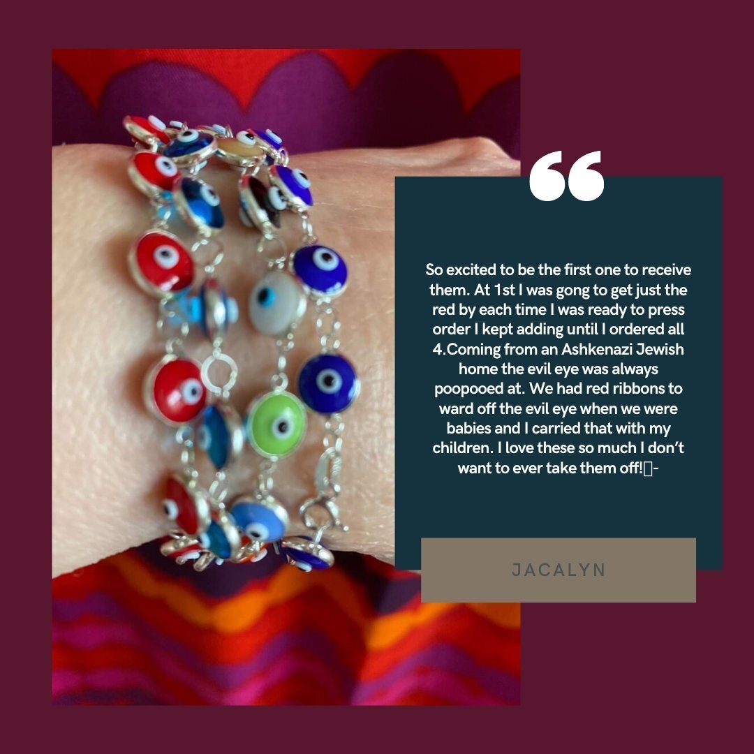Colorful evil eye bracelets in gold or silver, featuring vibrant designs with protective meanings and adjustable sizes for all wrists.