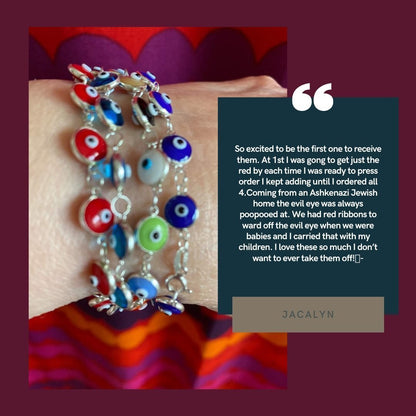 Colorful evil eye bracelets in gold or silver, featuring vibrant designs with protective meanings and adjustable sizes for all wrists.