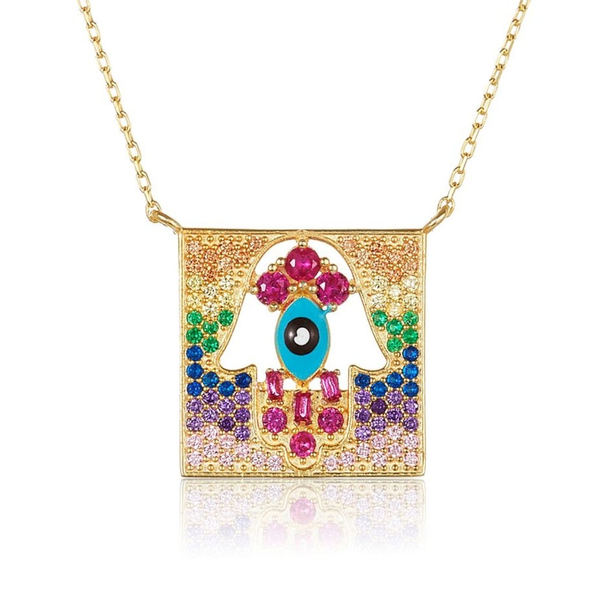 Colorful Hamsa and Evil Eye Necklace in 14k Gold