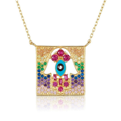 Colorful Hamsa and Evil Eye Necklace in 14k Gold