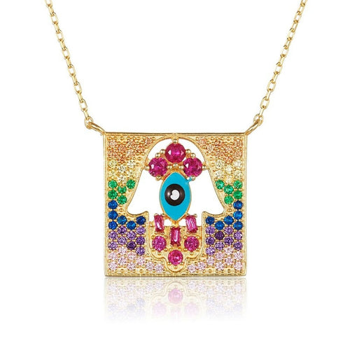 Colorful Hamsa and Evil Eye Necklace in 14k Gold