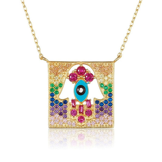Colorful Hamsa and Evil Eye Necklace in 14k Gold